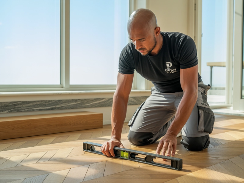 Certified professional installing premium wood flooring in a modern Dubai villa