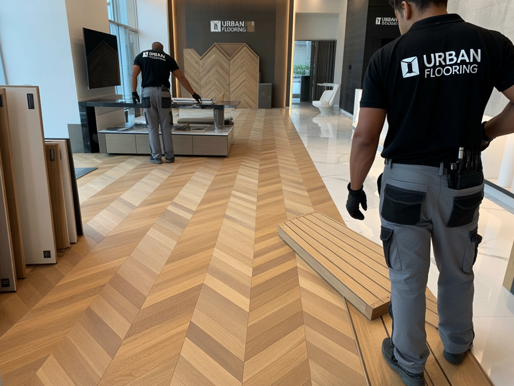 Chevron Parquet Flooring in Dubai Showroom